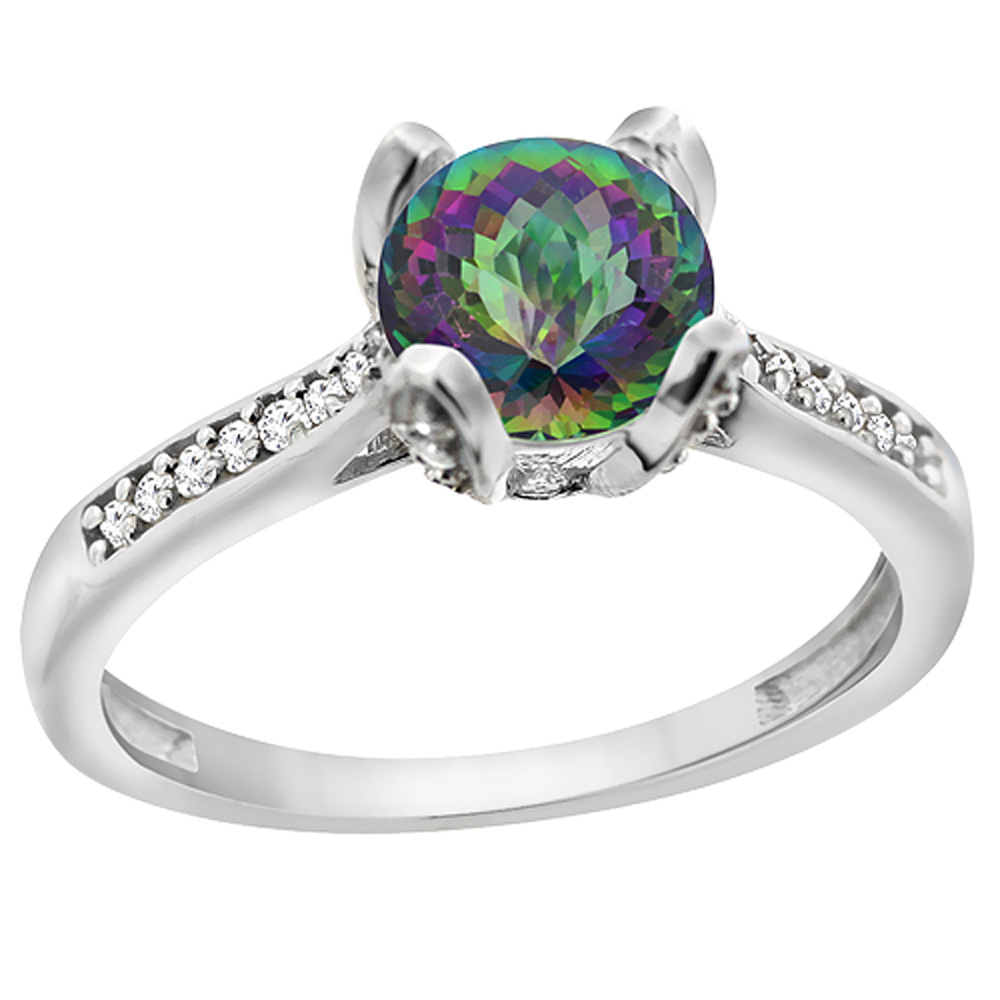 14K White Gold Diamond Natural Mystic Topaz Engagement Ring Round 7mm, sizes 5 to 10 with half sizes