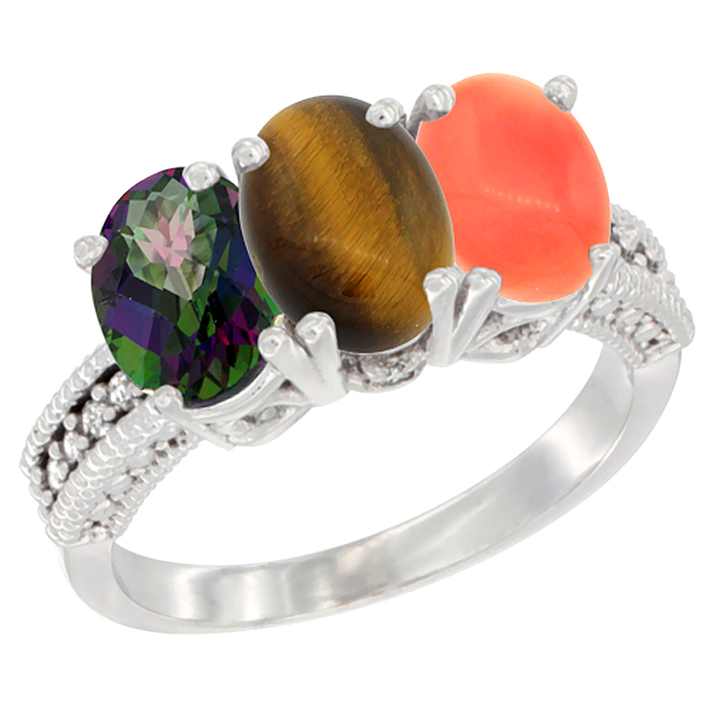 10K White Gold Natural Mystic Topaz, Tiger Eye &amp; Coral Ring 3-Stone Oval 7x5 mm Diamond Accent, sizes 5 - 10