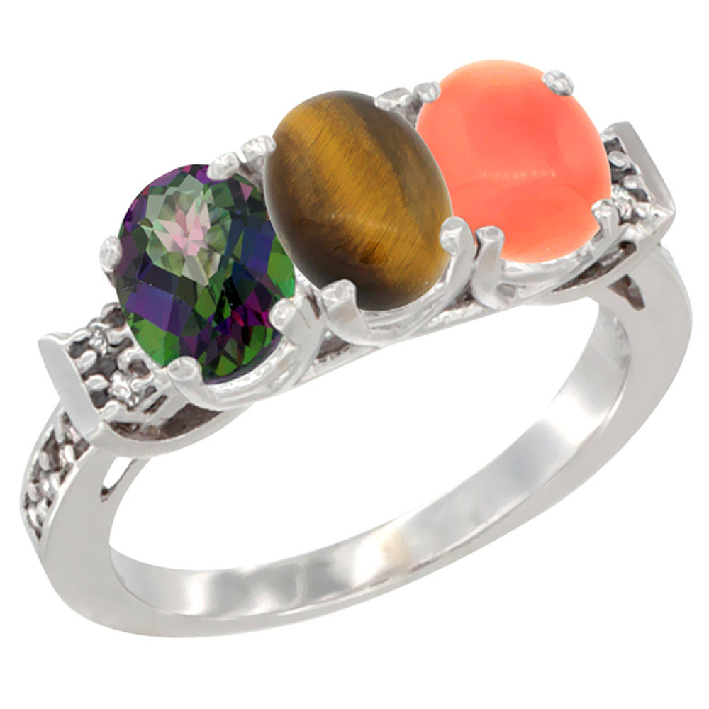 14K White Gold Natural Mystic Topaz, Tiger Eye &amp; Coral Ring 3-Stone 7x5 mm Oval Diamond Accent, sizes 5 - 10