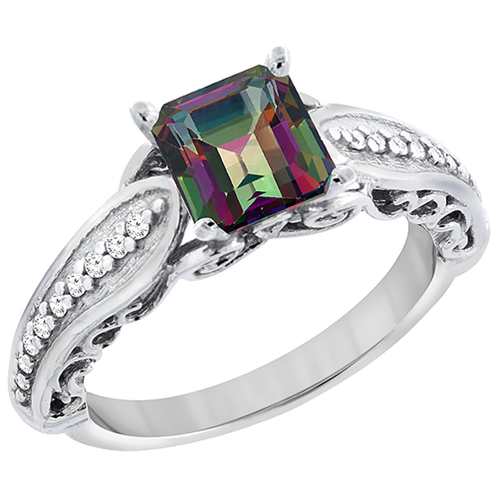 10K White Gold Natural Mystic Topaz Ring Square 8x8mm with Diamond Accents, sizes 5 - 10