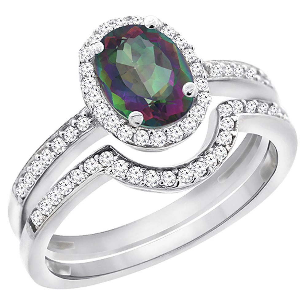 14K Yellow Gold Diamond Natural Mystic Topaz 2-Pc. Engagement Ring Set Oval 8x6 mm, sizes 5 - 10