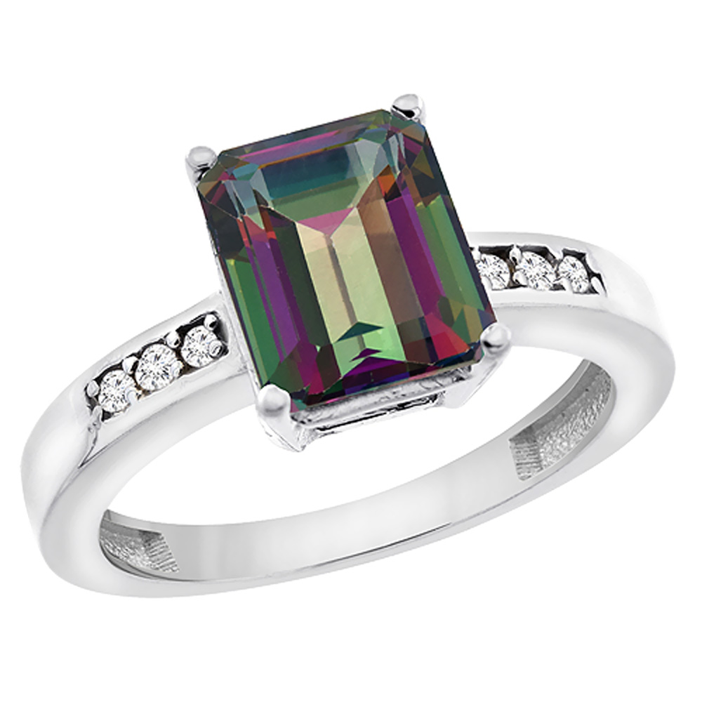 14K White Gold Natural Mystic Topaz Octagon 9x7 mm with Diamond Accents, sizes 5 - 10