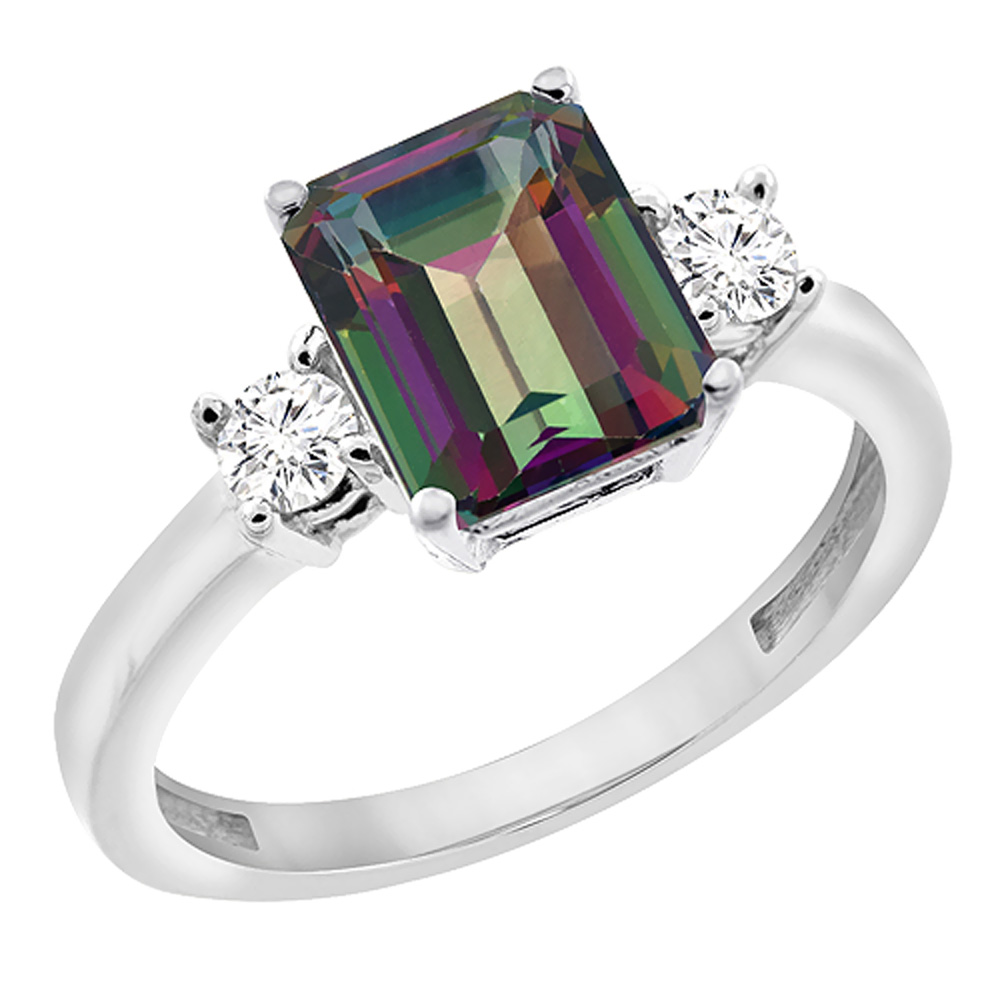 10K White Gold Natural Mystic Topaz Ring Octagon 8x6 mm with Diamond Accents, sizes 5 - 10