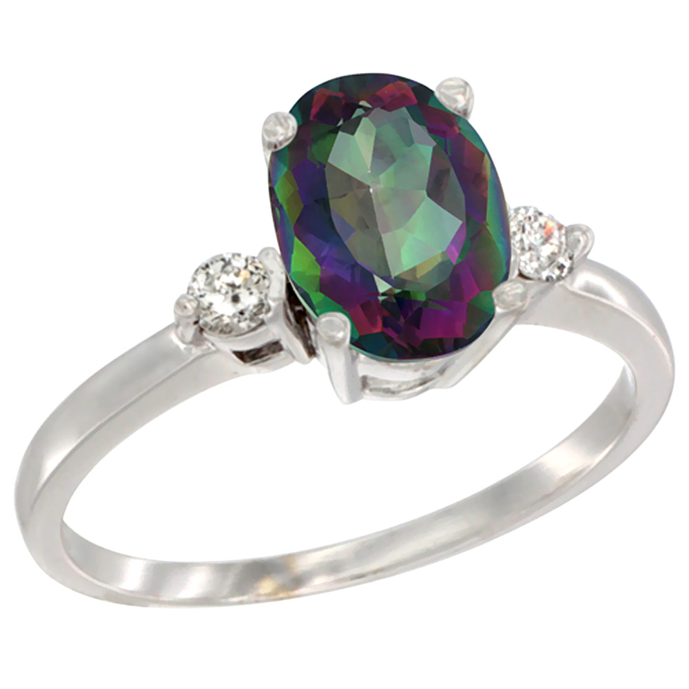 14K White Gold Natural Mystic Topaz Ring Oval 9x7 mm Diamond Accent, sizes 5 to 10