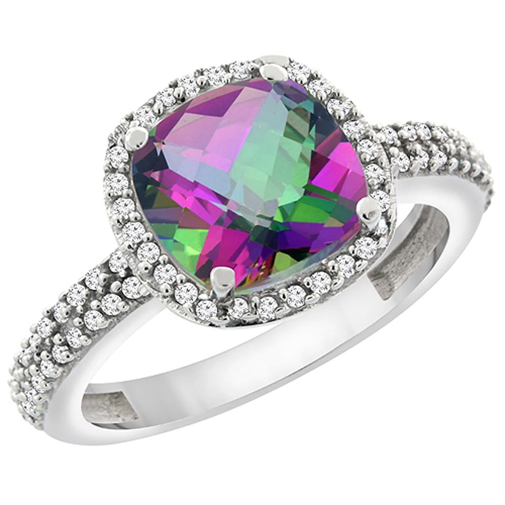 14K White Gold Natural Mystic Topaz Cushion 8x8 mm with Diamond Accents, sizes 5 - 10