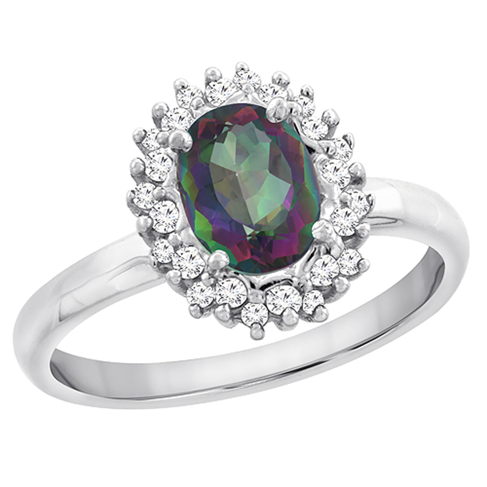 10K White Gold Diamond Natural Mystic Topaz Engagement Ring Oval 7x5mm, sizes 5 - 10