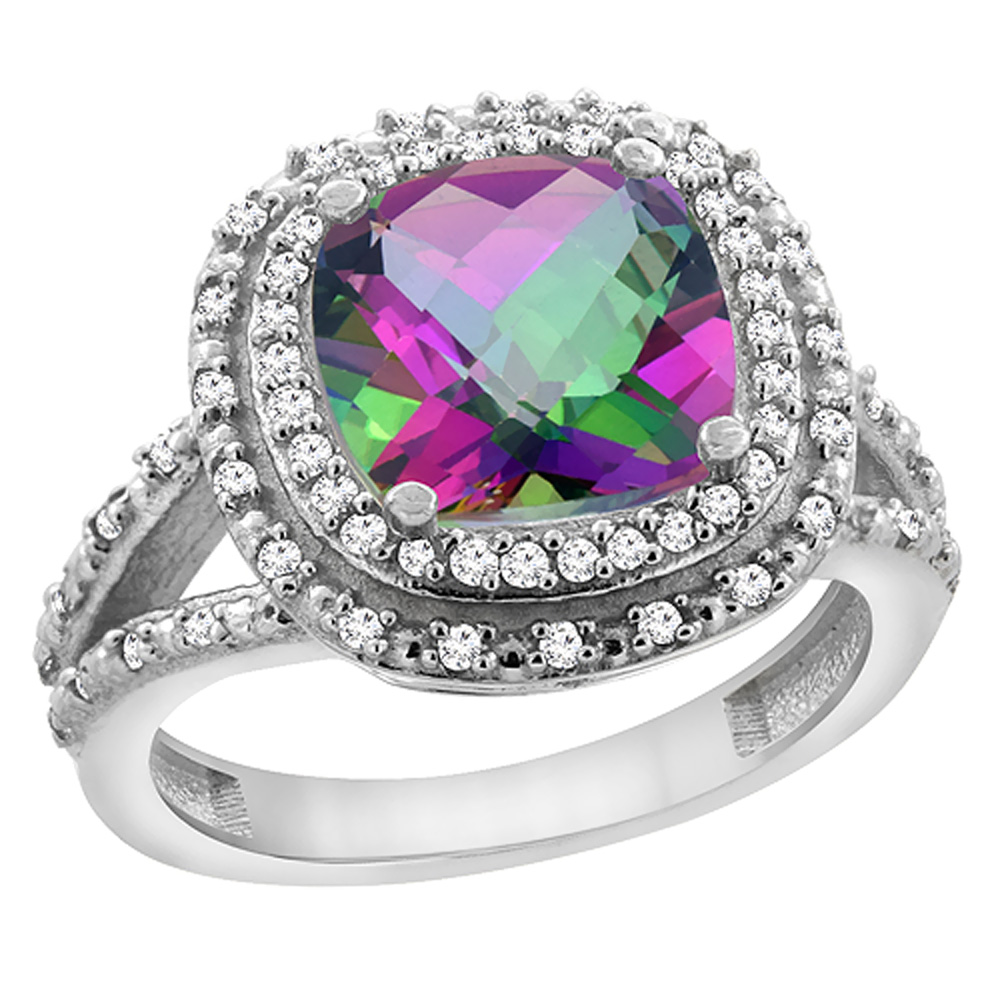 10K White Gold Natural Mystic Topaz Ring Cushion 8x8 mm with Diamond Accents, sizes 5 - 10