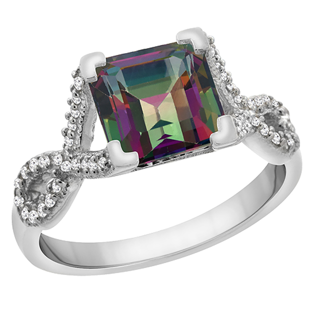 10K White Gold Natural Mystic Topaz Ring Square 7x7 mm Diamond Accents, sizes 5 to 10