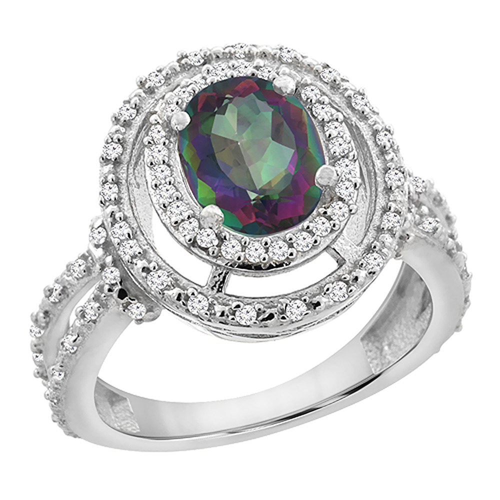 14K White Gold Natural Mystic Topaz Ring Oval 8x6 mm Double Halo Diamond, sizes 5 - 10