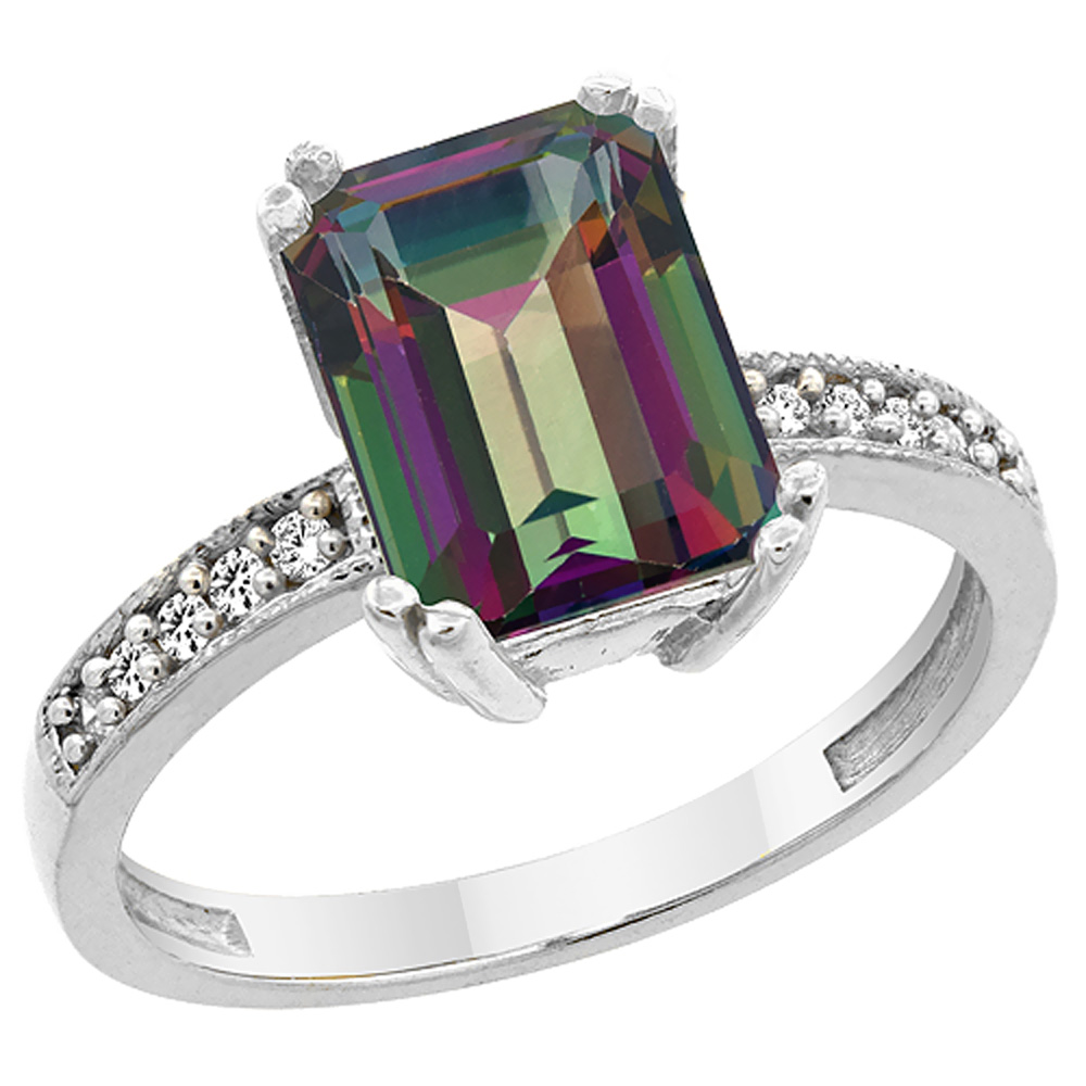 10K White Gold Natural Mystic Topaz Ring Octagon 10x8mm Diamond Accent, sizes 5 to 10