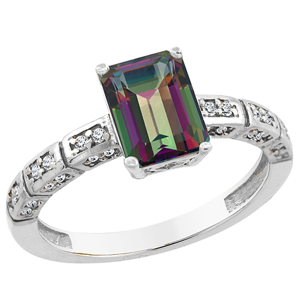 10K White Gold Natural Mystic Topaz Octagon 8x6 mm with Diamond Accents, sizes 5 - 10