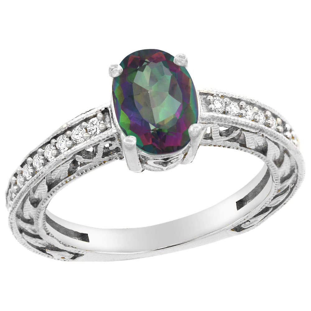 10K Gold Natural Mystic Topaz Ring Oval 8x6 mm Diamond Accents, sizes 5 - 10