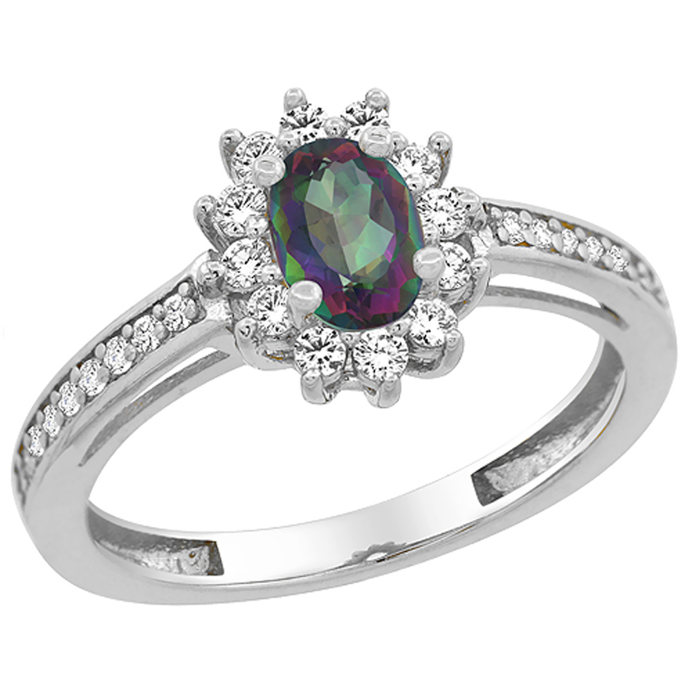 10K White Gold Natural Mystic Topaz Flower Halo Ring Oval 6x4 mm Diamond Accents, sizes 5 - 10