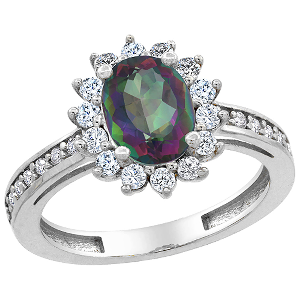 14K White Gold Natural Mystic Topaz Floral Halo Ring Oval 8x6mm Diamond Accents, sizes 5 - 10