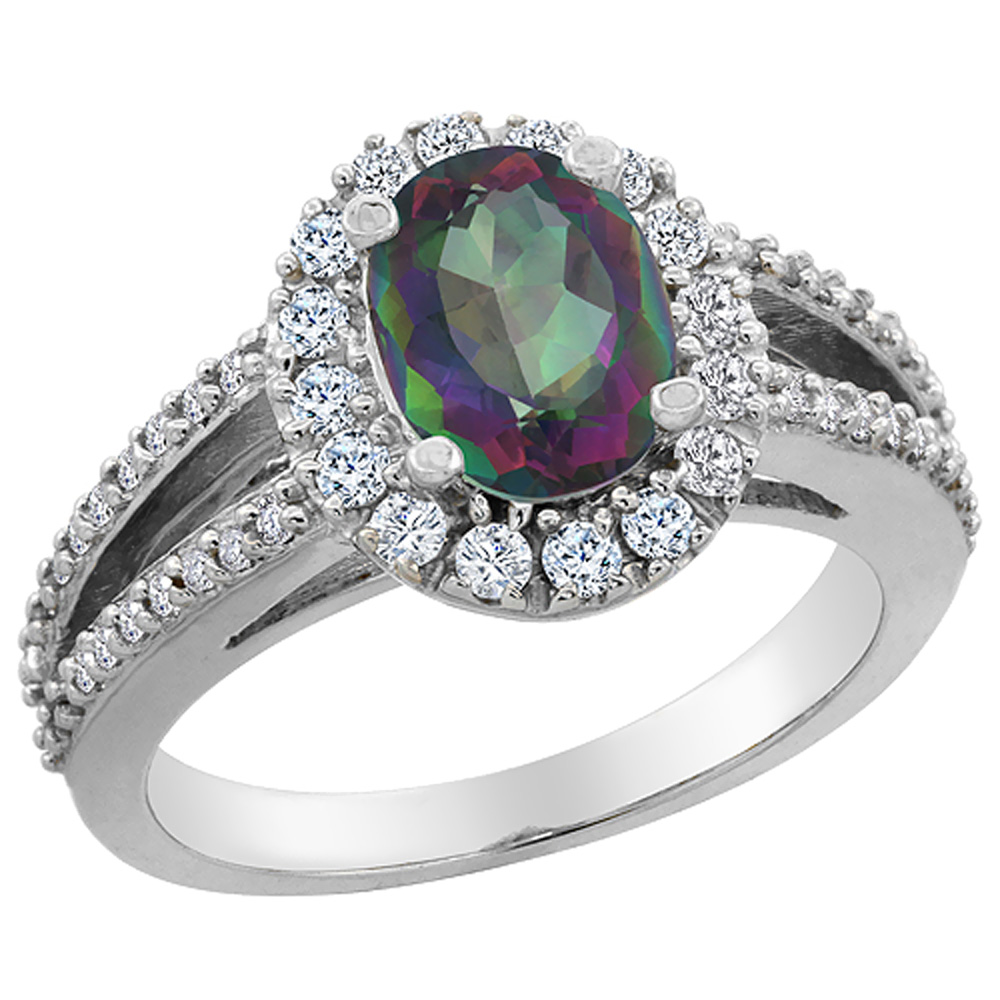 14K White Gold Natural Mystic Topaz Halo Ring Oval 8x6 mm with Diamond Accents, sizes 5 - 10