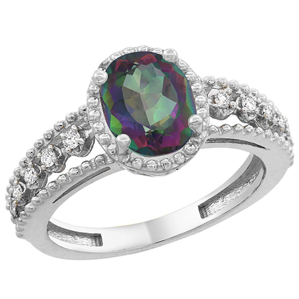 14K White Gold Natural Mystic Topaz Ring Oval 9x7 mm Floating Diamond Accents, sizes 5 - 10
