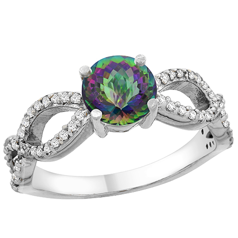 14K White Gold Natural Mystic Topaz Ring Round 6mm Infinity Diamond Accents, sizes 5 - 10