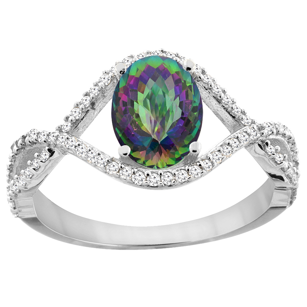 14K White Gold Natural Mystic Topaz Ring Oval 8x6 mm Infinity Diamond Accents, sizes 5 - 10