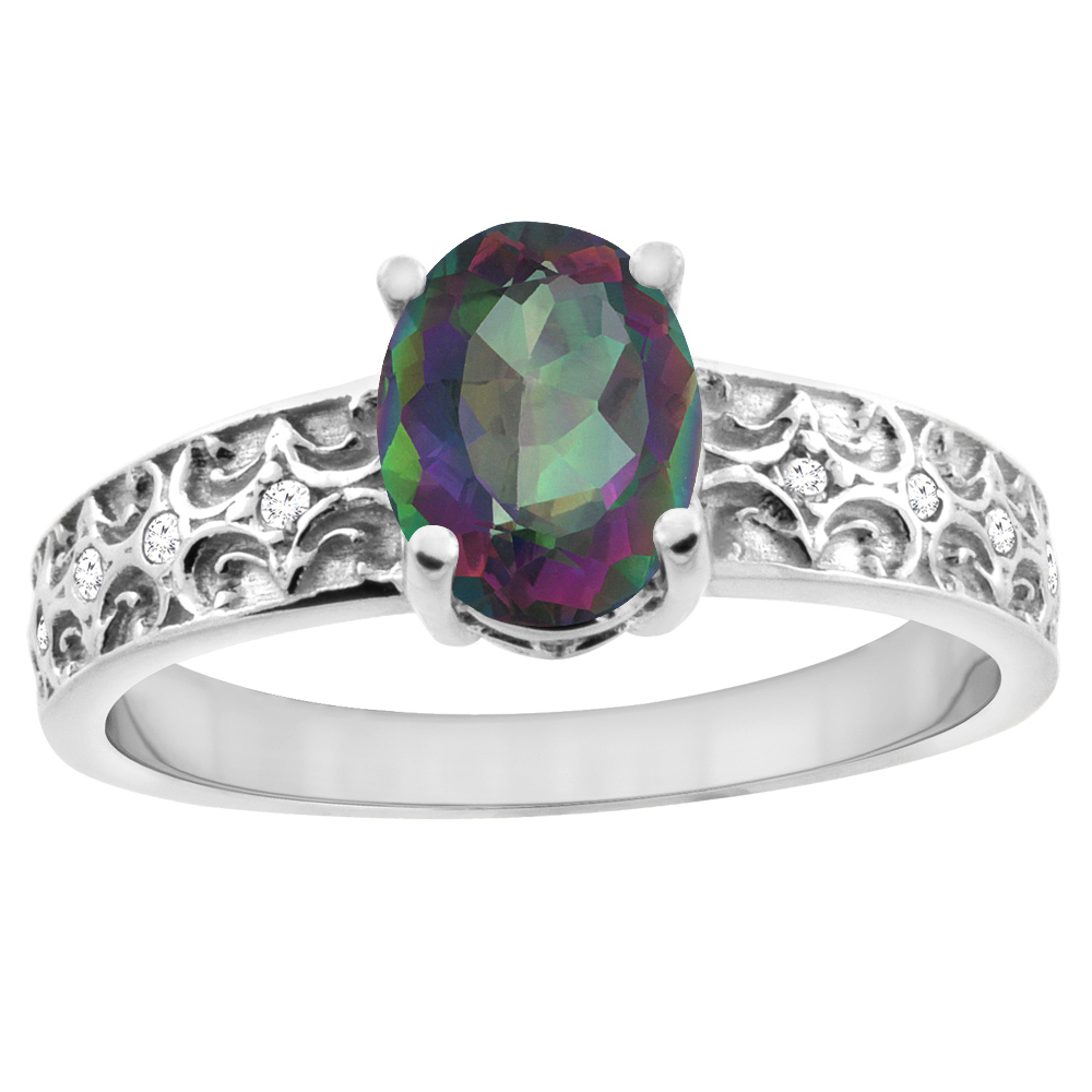 14K White Gold Natural Mystic Topaz Ring Oval 8x6 mm Diamond Accents, sizes 5 - 10