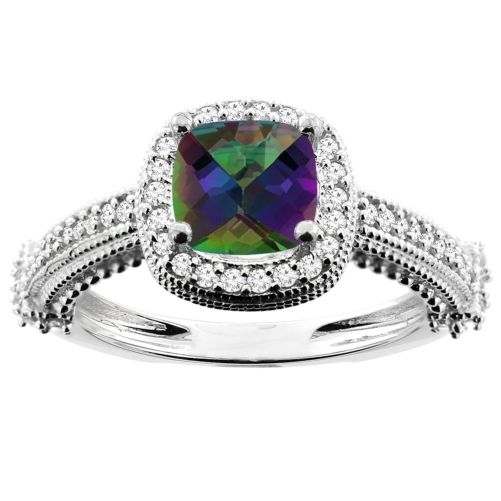 14K White/Yellow/Rose Gold Natural Mystic Topaz Ring Cushion 7x7mm Diamond Accent 7/16 inch wide, size 5