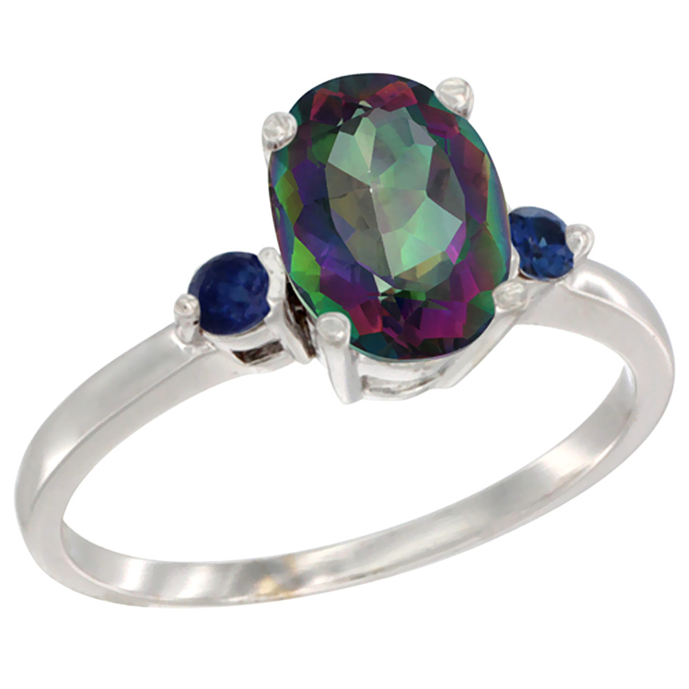 14K White Gold Natural Mystic Topaz Ring Oval 9x7 mm Blue Sapphire Accent, sizes 5 to 10