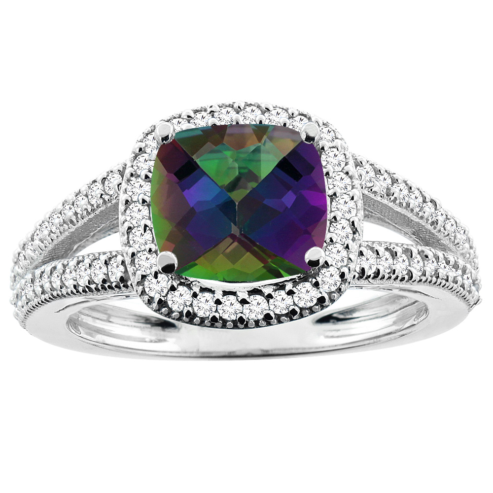 10K White Gold Natural Mystic Topaz Ring Cushion 7x7mm Diamond Accent 3/8 inch wide, sizes 5 - 10