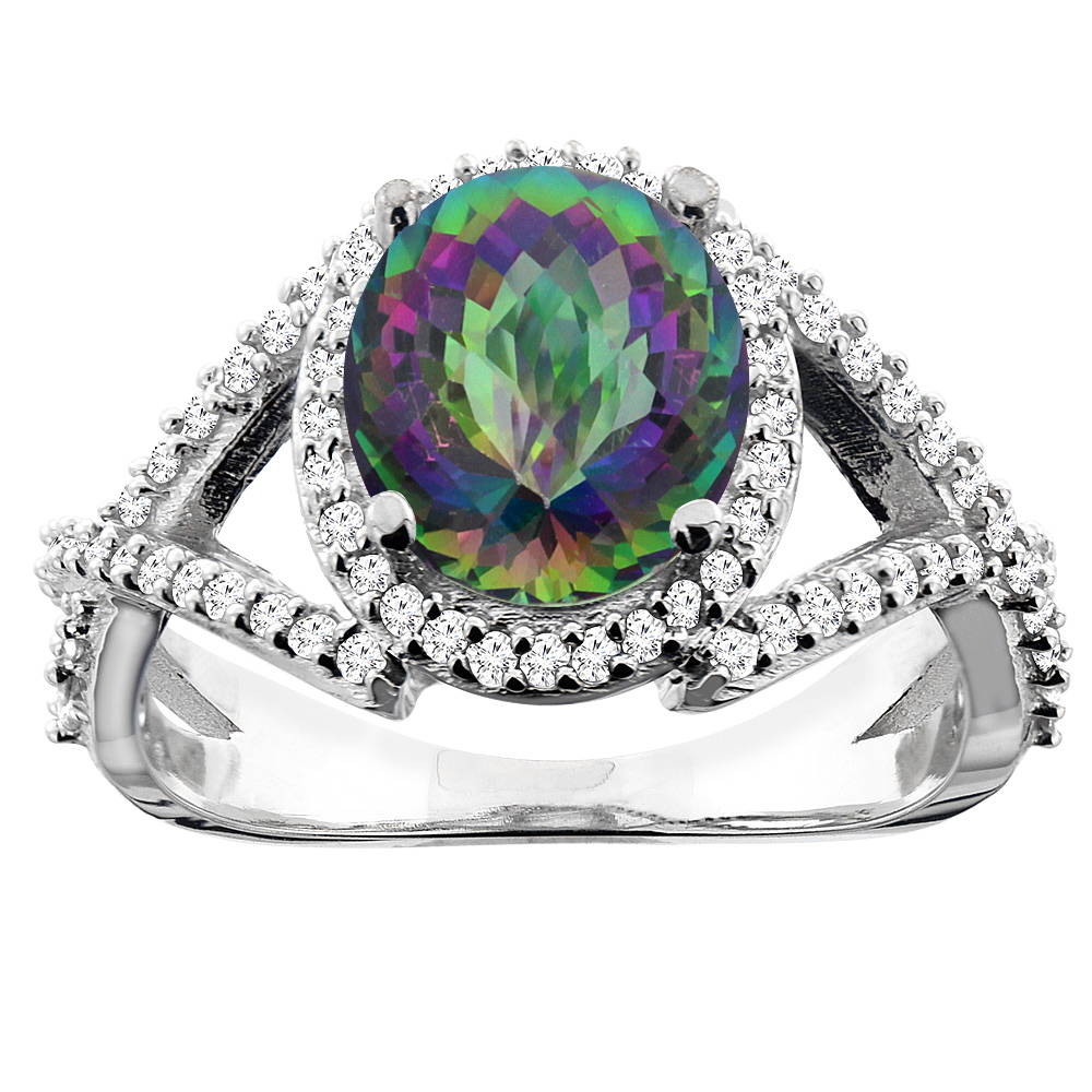 14K White/Yellow/Rose Gold Natural Mystic Topaz Ring Oval 9x7mm Diamond Accent, sizes 5 - 10