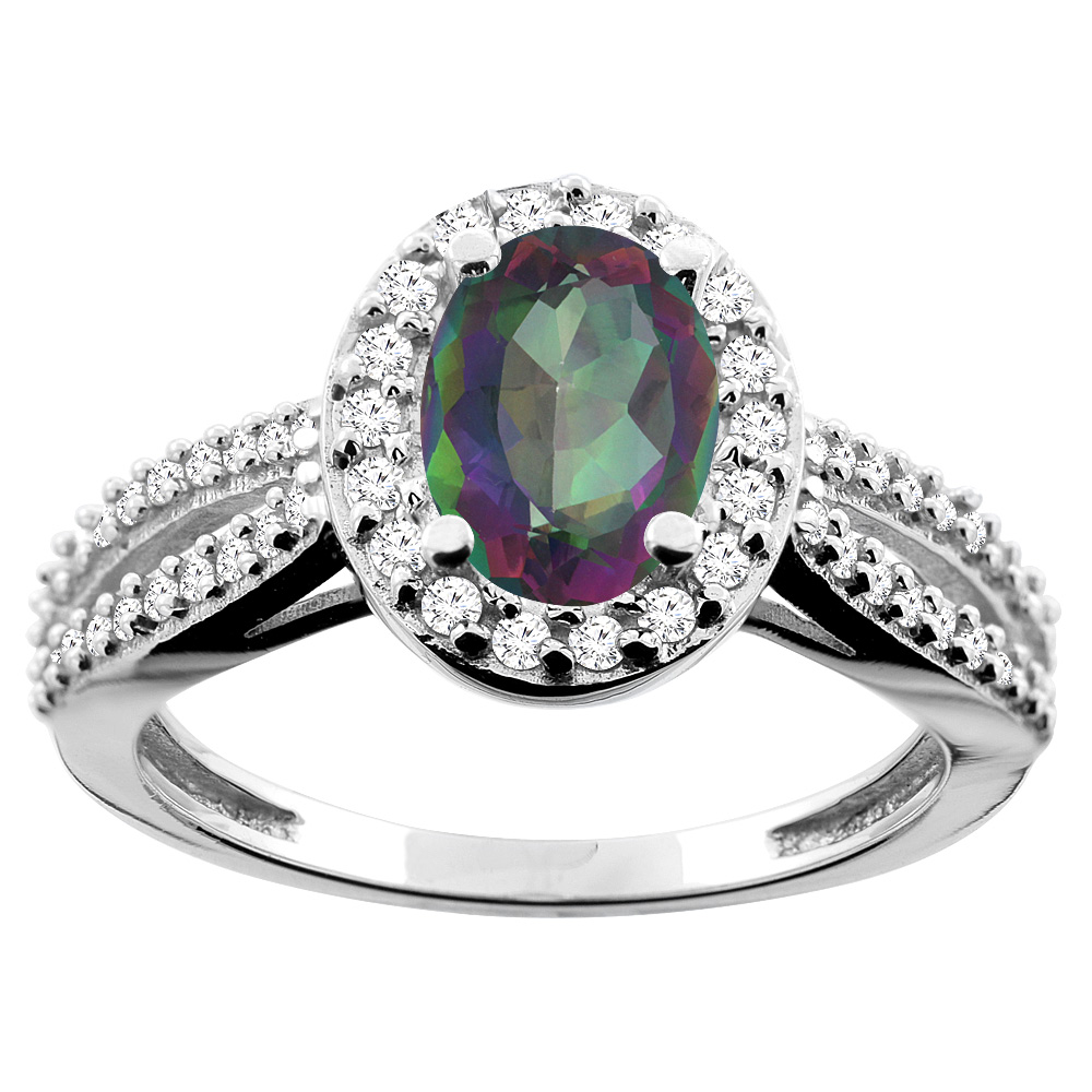 14K White/Yellow/Rose Gold Natural Mystic Topaz Ring Oval 8x6mm Diamond Accent, sizes 5 - 10