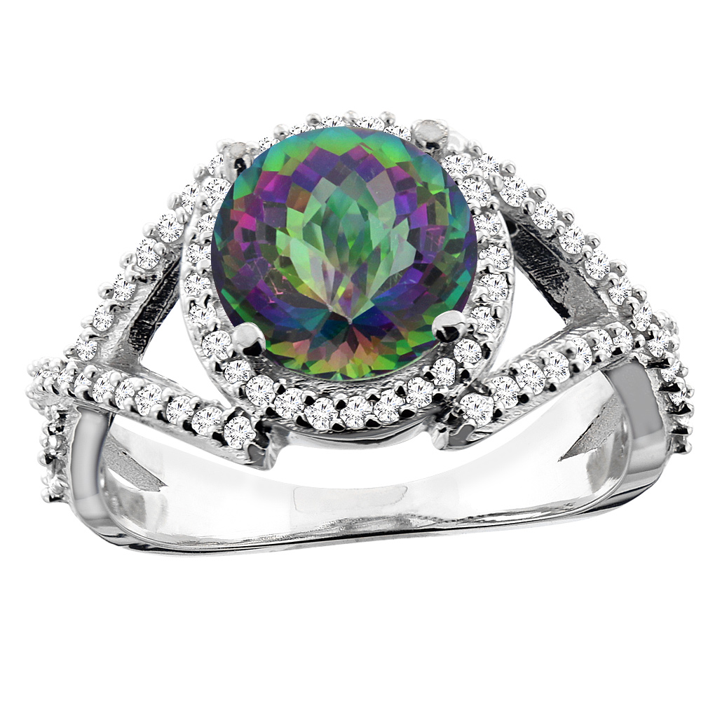 14K White/Yellow/Rose Gold Natural Mystic Topaz Ring Round 8mm Diamond Accent, size 5