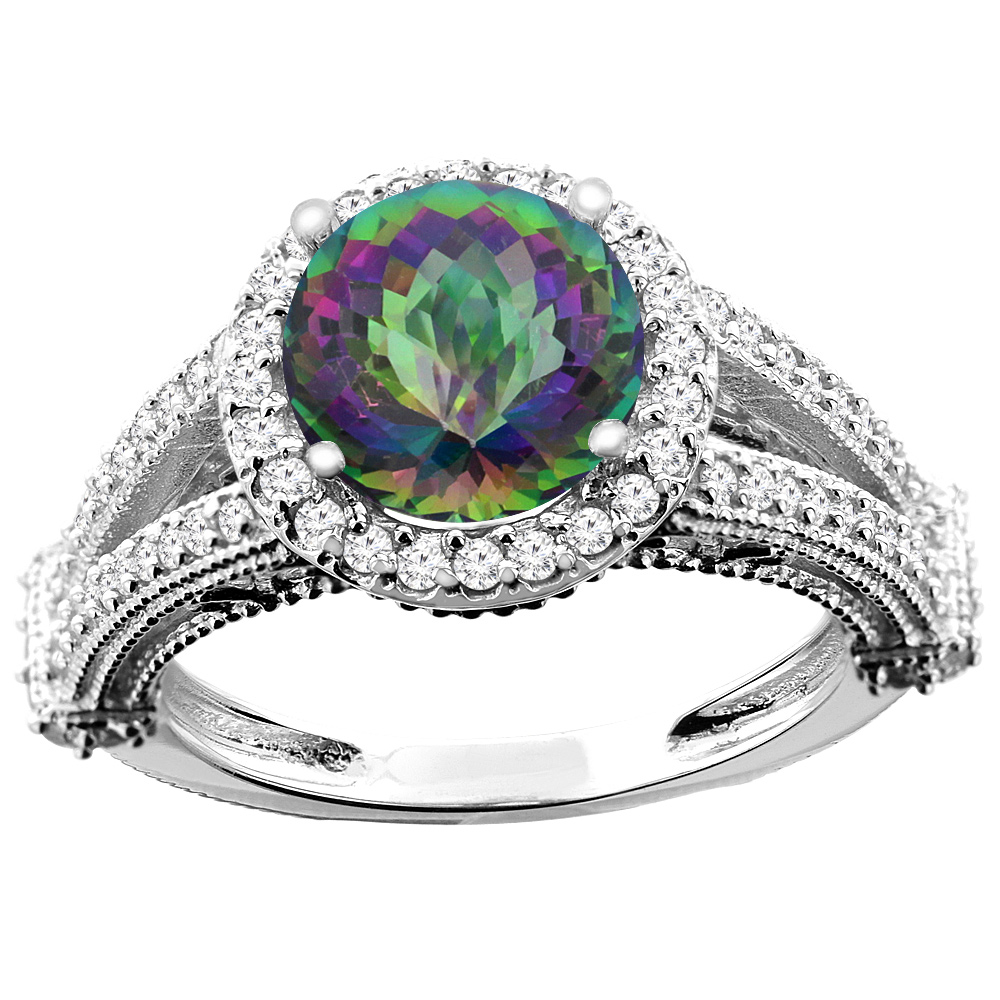 10K White/Yellow/Rose Gold Natural Mystic Topaz Ring Round 8mm Diamond Accent, sizes 5 - 10