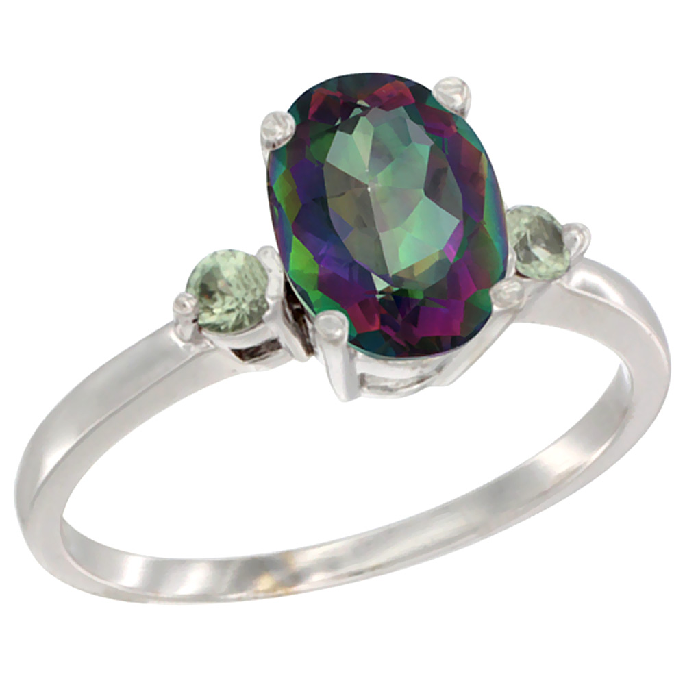 14K White Gold Natural Mystic Topaz Ring Oval 9x7 mm Green Sapphire Accent, sizes 5 to 10
