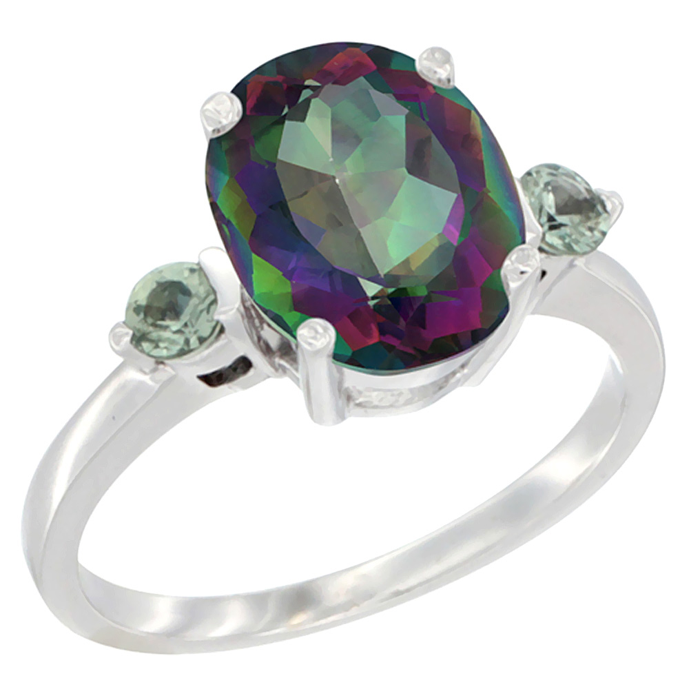 14K White Gold 10x8mm Oval Natural Mystic Topaz Ring for Women Green Sapphire Side-stones sizes 5 - 10