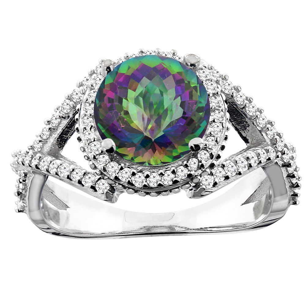 14K White/Yellow/Rose Gold Natural Mystic Topaz Ring Round 8mm Diamond Accent, sizes 5 - 10