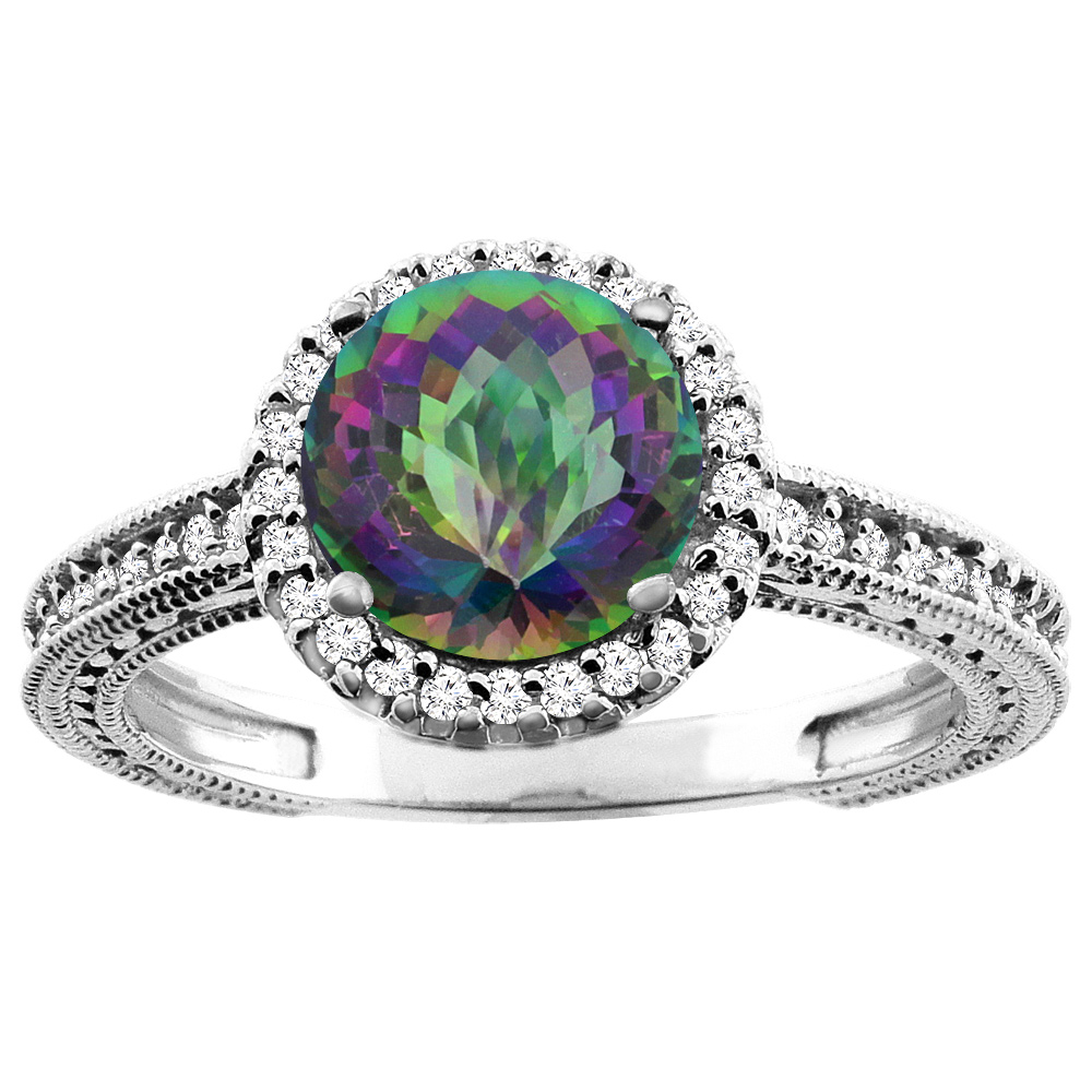10K White/Yellow/Rose Gold Natural Mystic Topaz Ring Round 7mm Diamond Accent, sizes 5 - 10