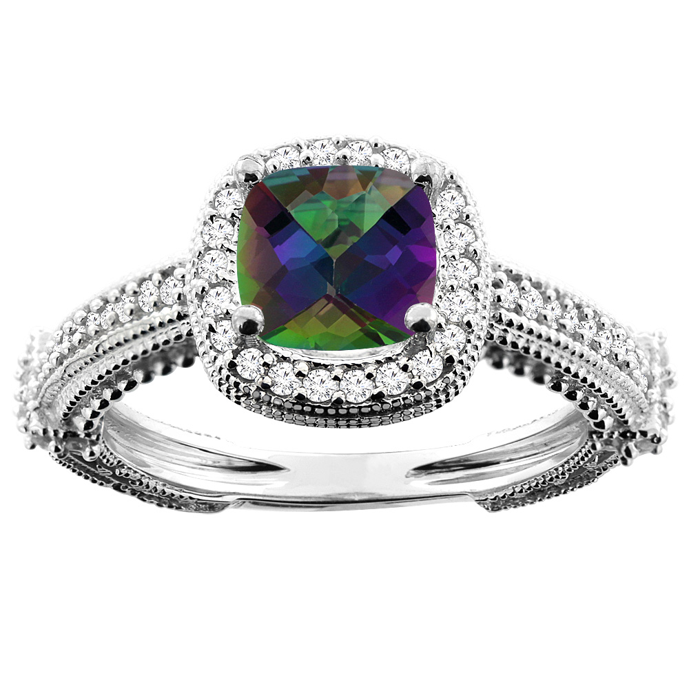 14K White/Yellow/Rose Gold Natural Mystic Topaz Ring Cushion 7x7mm Diamond Accent, sizes 5 - 10