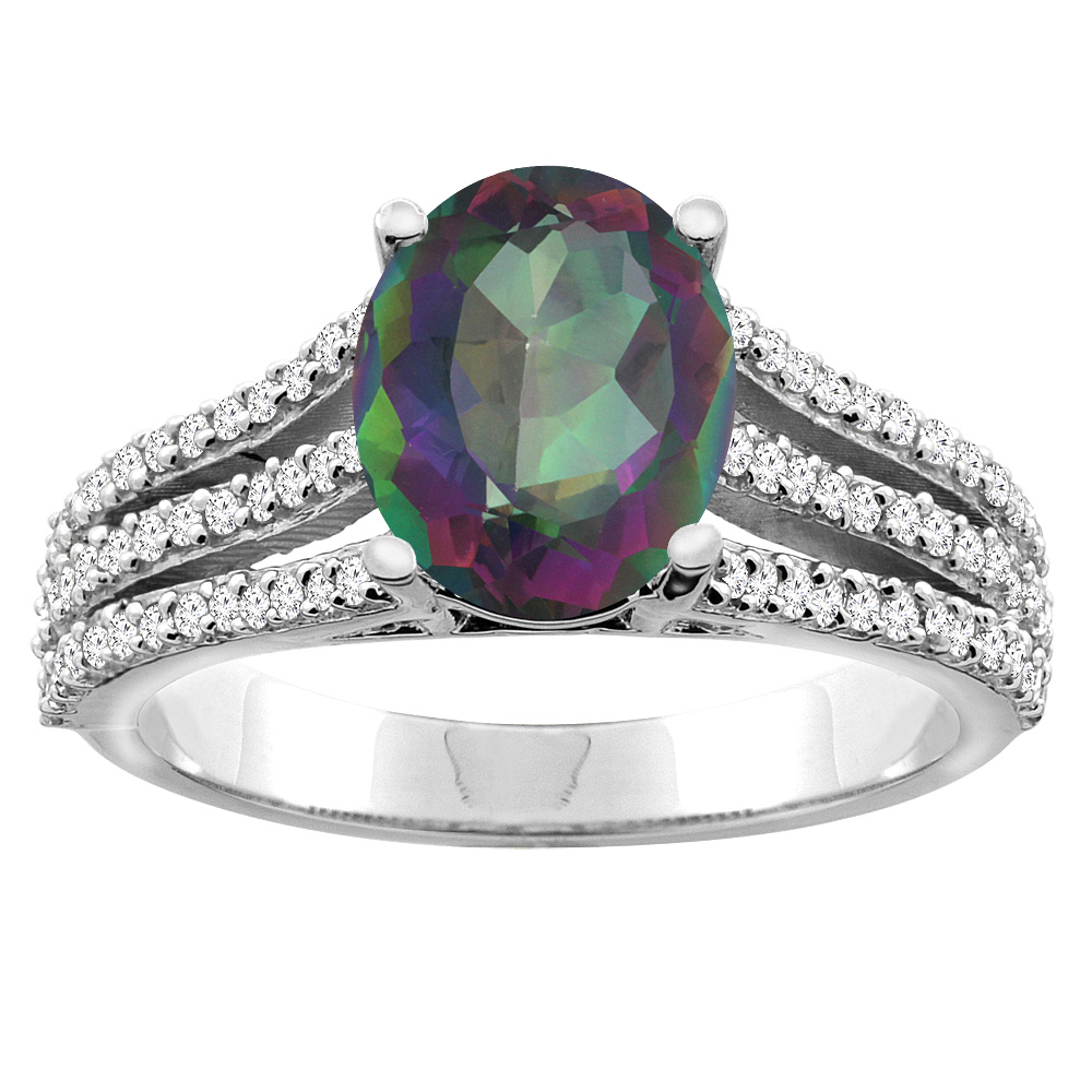 10K White/Yellow Gold Natural Mystic Topaz Tri-split Ring Cushion-cut 8x6mm Diamond Accents 5/16 inch wide, sizes 5 - 10