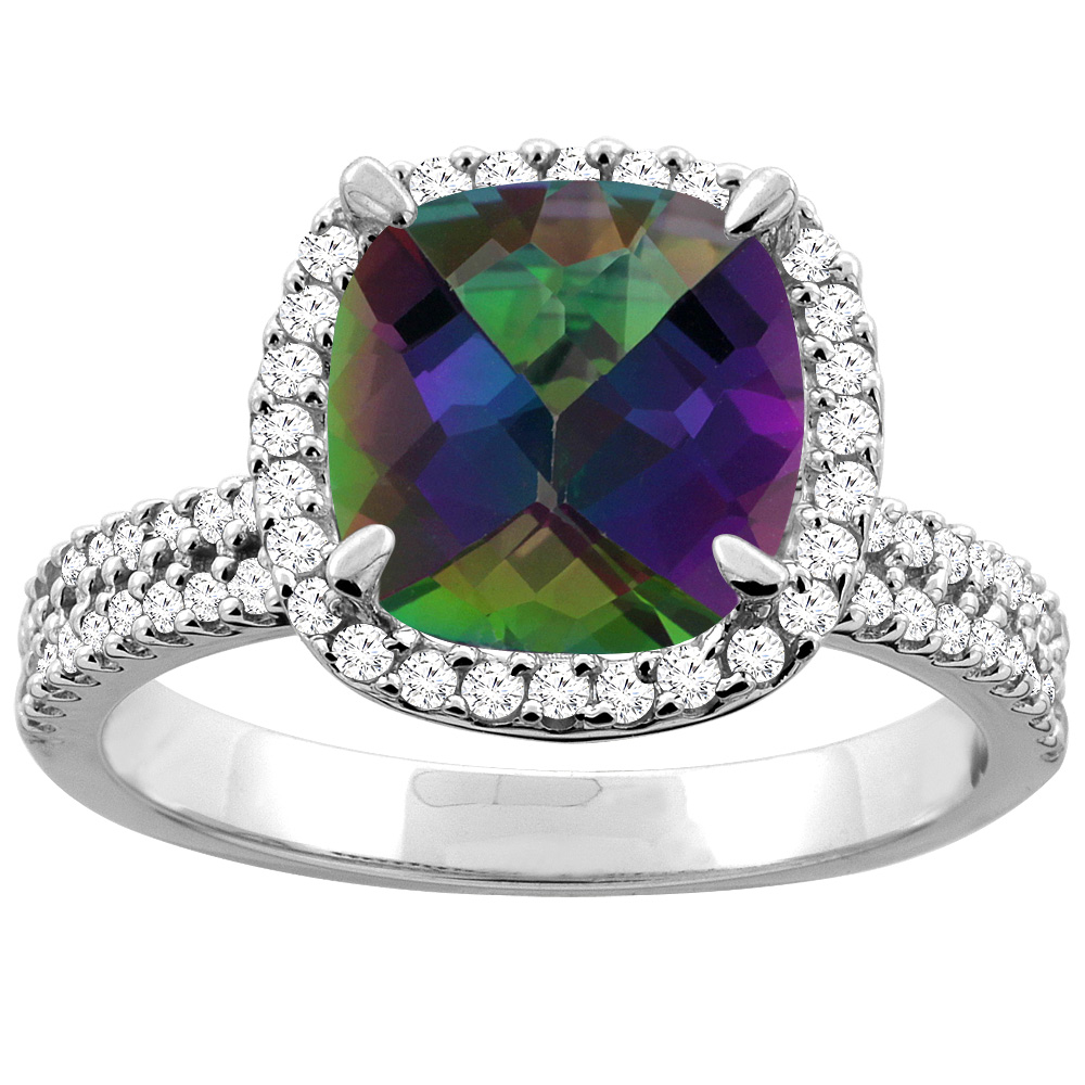14K Yellow Gold Natural Mystic Topaz Halo Ring Cushion 9x9mm Diamond Accent, sizes 5 - 10