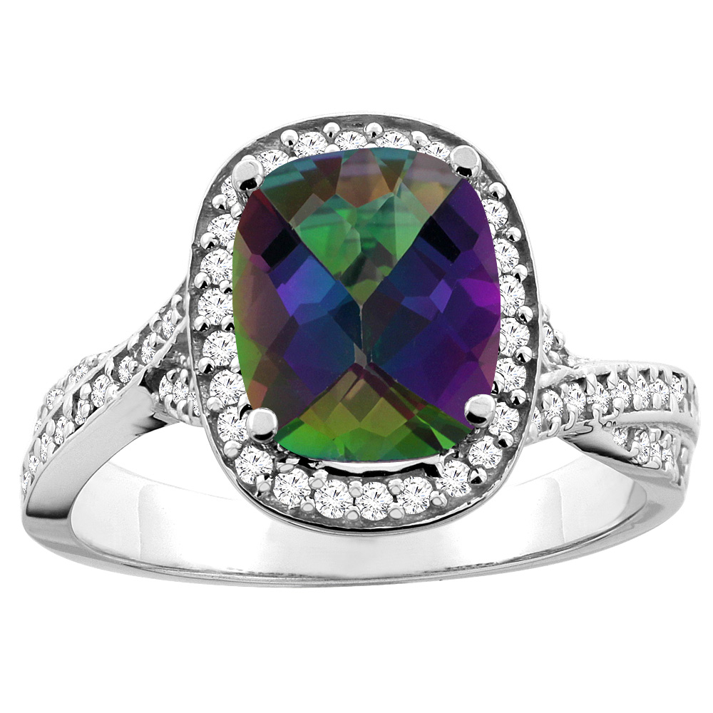 10K Yellow Gold Natural Mystic Topaz Halo Ring Cushion 9x7mm Diamond Accent, sizes 5 - 10