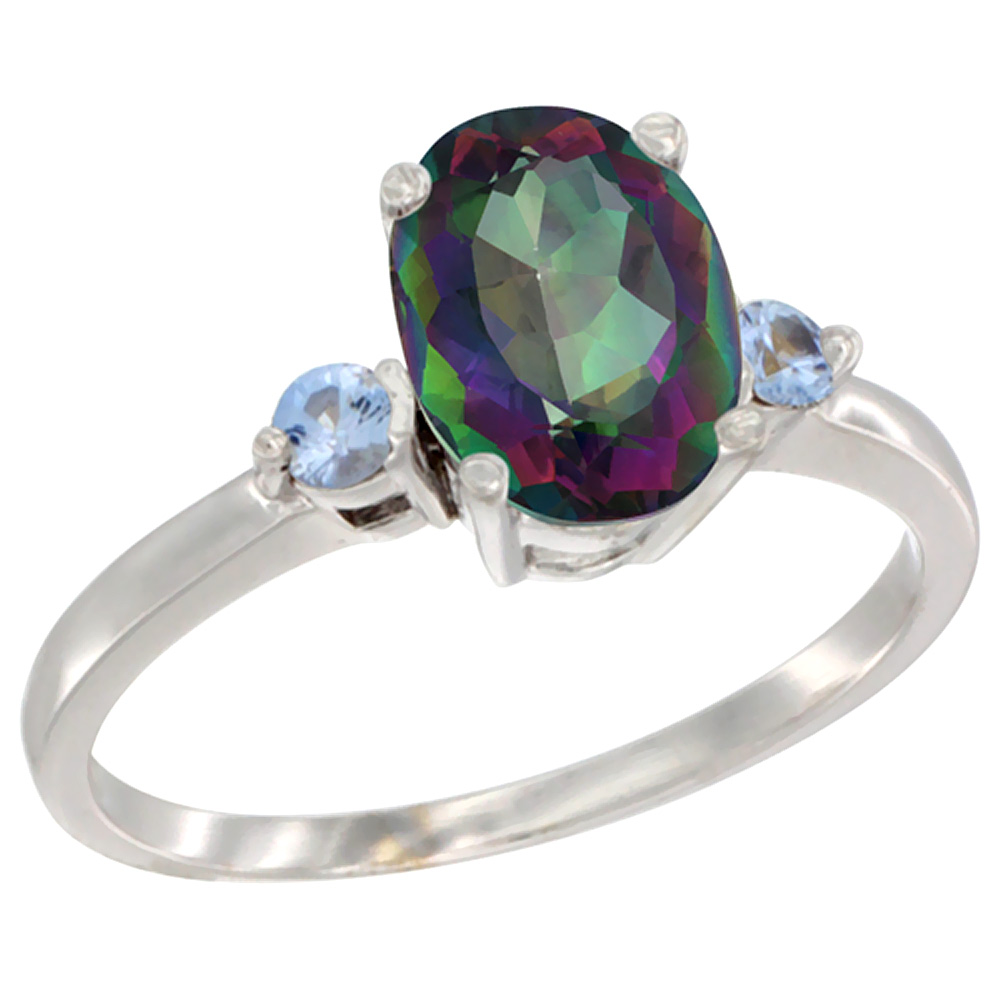 14K White Gold Natural Mystic Topaz Ring Oval 9x7 mm Light Blue Sapphire Accent, sizes 5 to 10