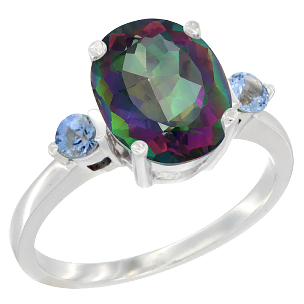 10K White Gold 10x8mm Oval Natural Mystic Topaz Ring for Women Light Blue Sapphire Side-stones sizes 5 - 10