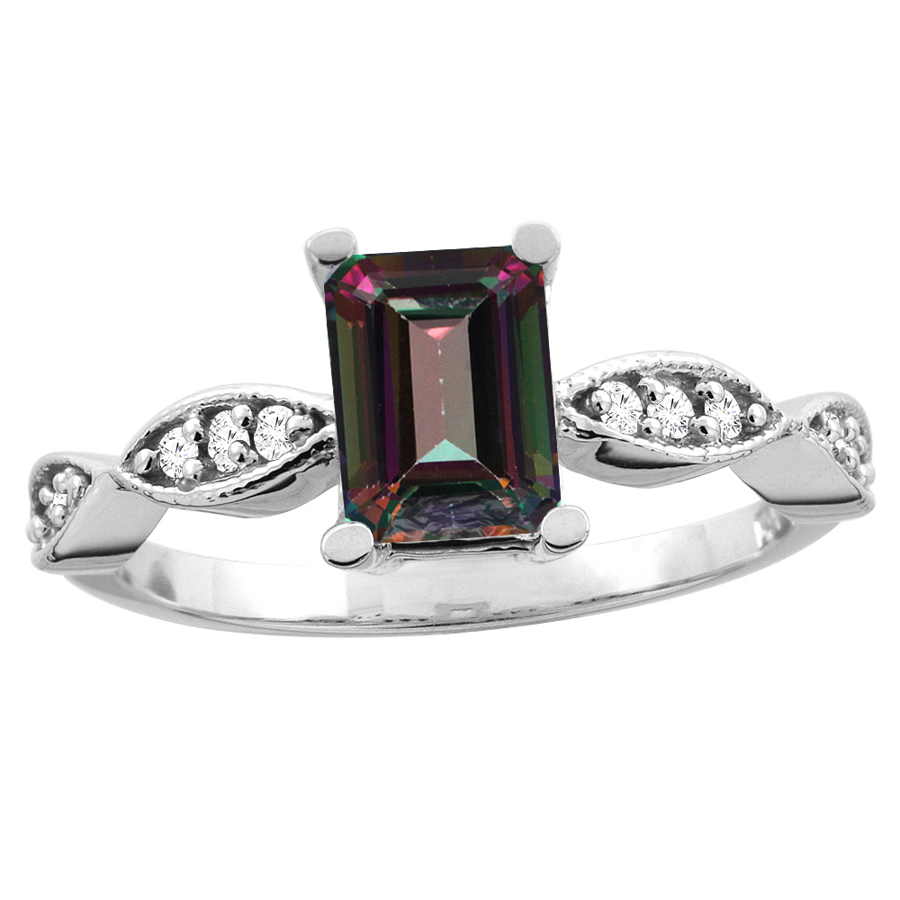 14K White/Yellow Gold Natural Mystic Topaz Ring Octagon 8x6mm Diamond Accent, sizes 5 - 10