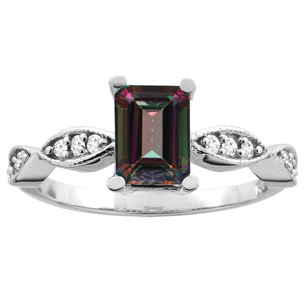 10K White/Yellow Gold Natural Mystic Topaz Ring Octagon 7x5mm Diamond Accents, sizes 5 -10