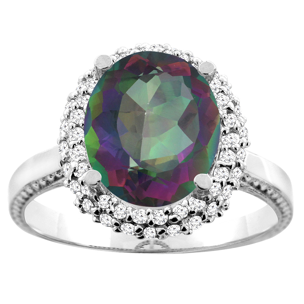 10K White/Yellow Gold Natural Mystic Topaz Double Halo Ring Oval 10x8mm Diamond Accent, sizes 5 - 10