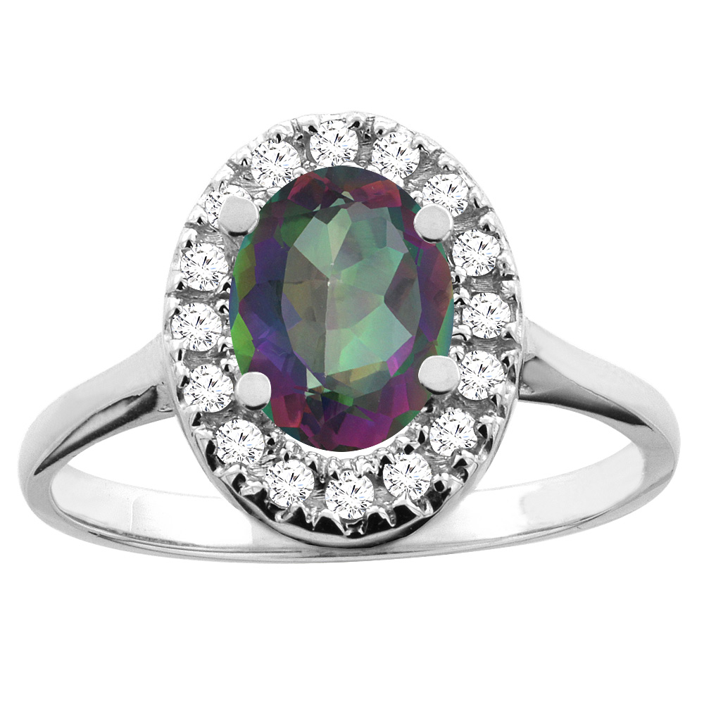 10K White/Yellow Gold Natural Mystic Topaz Ring Oval 8x6mm Diamond Accent, sizes 5 - 10