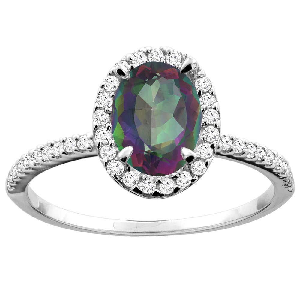 14K White/Yellow Gold Natural Mystic Topaz Ring Oval 8x6mm Diamond Accent, sizes 5 - 10