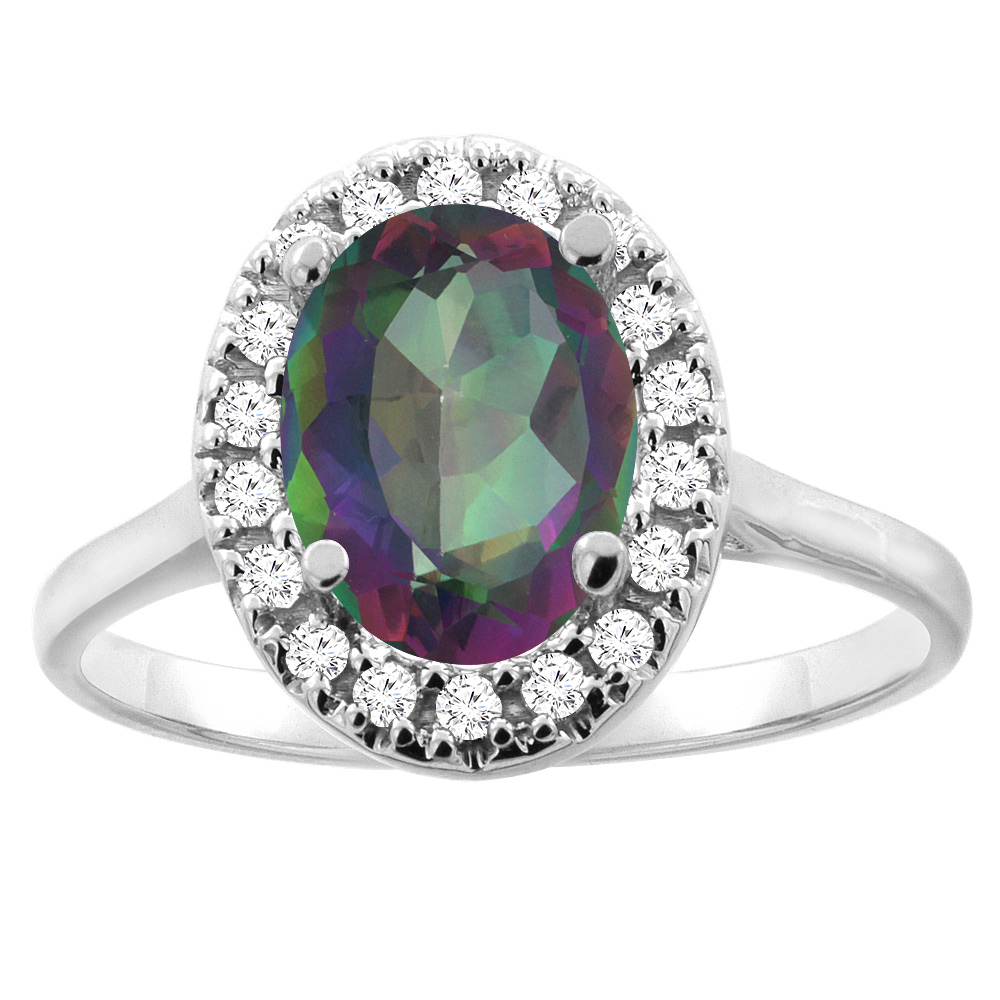 14K Gold Natural Mystic Topaz Halo Ring Oval 9x7mm Diamond Accent, sizes 5 - 10