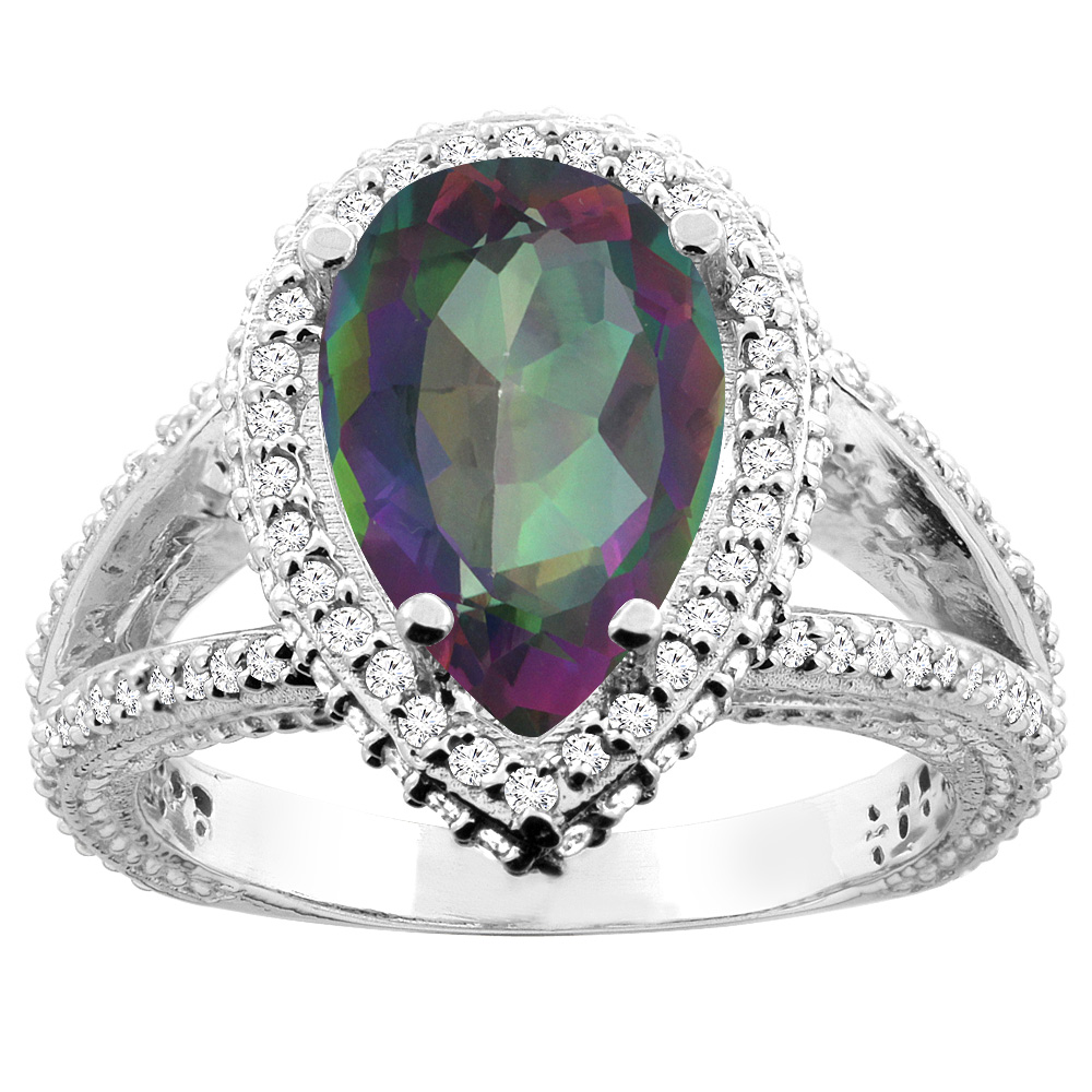 10K White/Yellow Gold Natural Mystic Topaz Halo Ring Pear 12x8mm Diamond Accents, sizes 5 - 10