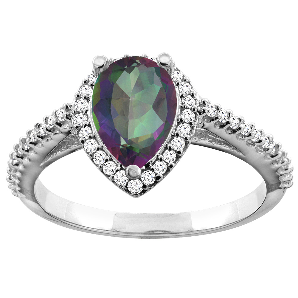 10K White Gold Natural Mystic Topaz Ring Pear 9x7mm Diamond Accents, sizes 5 - 10