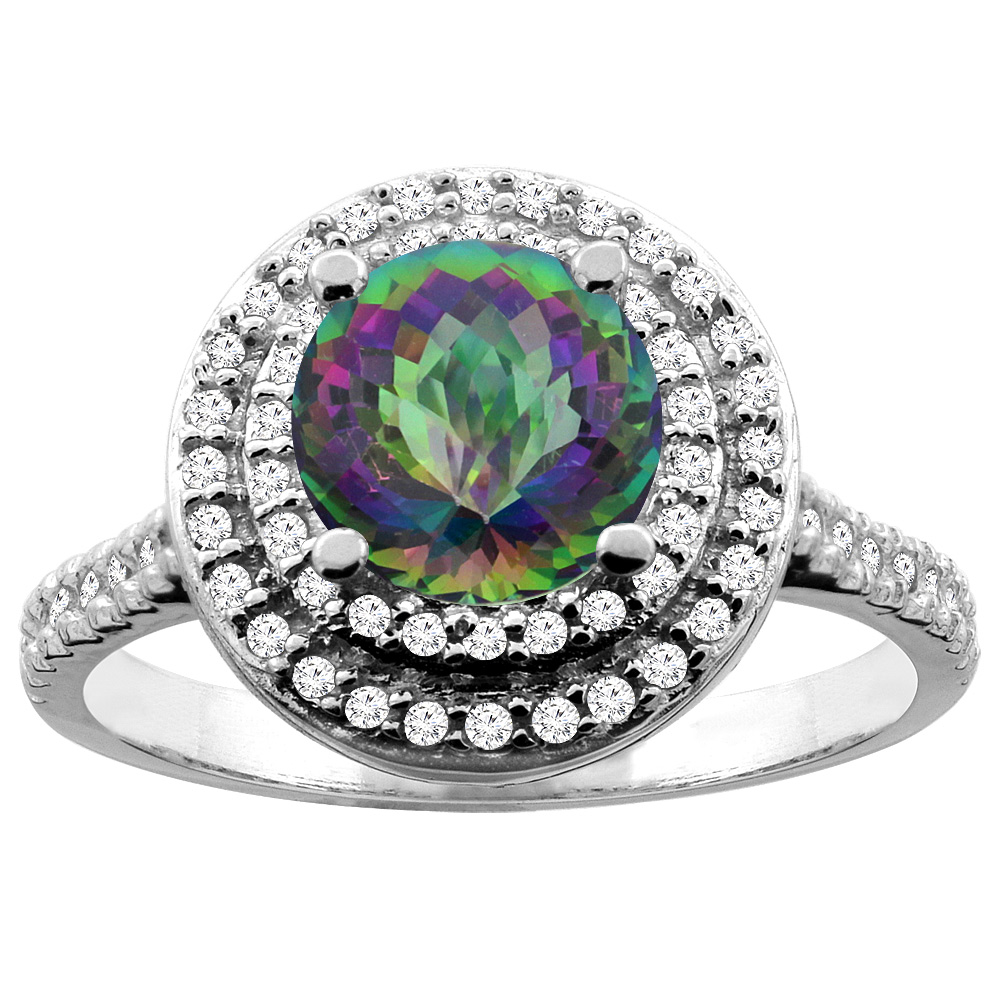 14K White/Yellow Gold Natural Mystic Topaz Double Halo Ring Round 7mm Diamond Accent, sizes 5 - 10