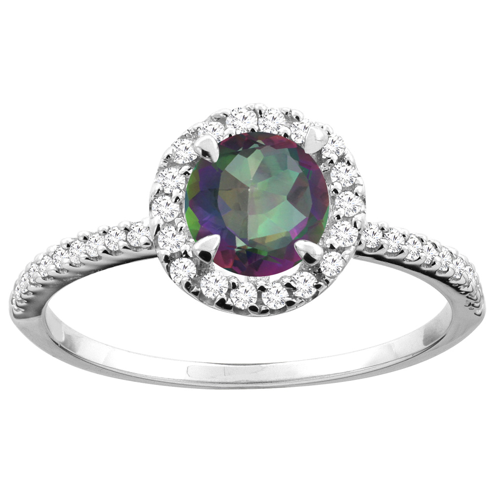 14K Gold Natural Mystic Topaz Ring Round 6mm Diamond Accents, sizes 5 - 10
